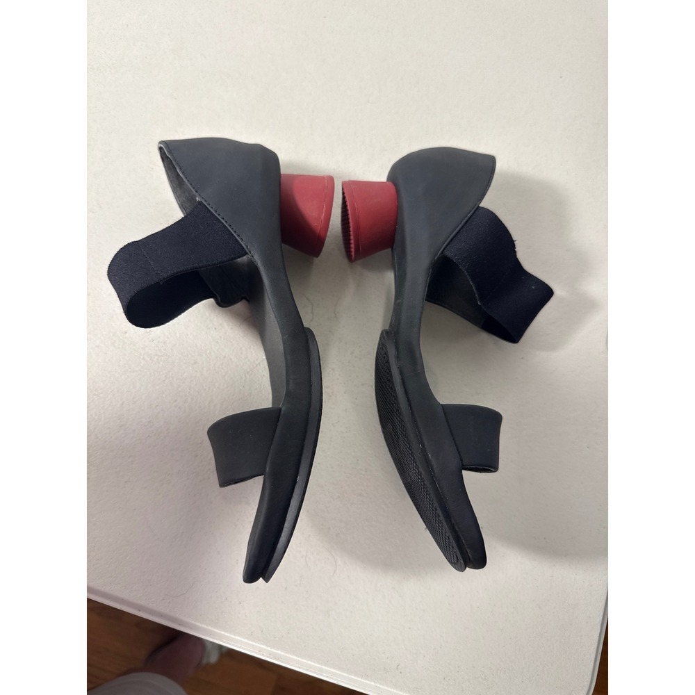 Camper Alright Black Leather Red Block Heel Elastic Strap Sandals Size 39 or 8.5